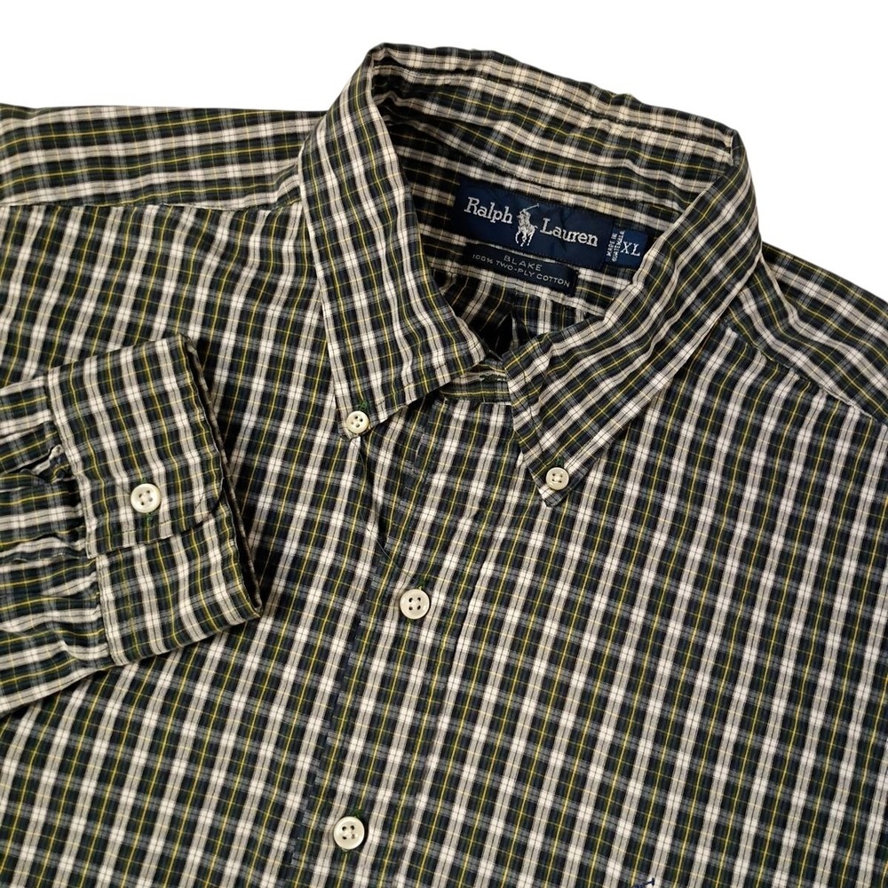 Ralph Lauren Blake Button Down Shirt Mens XL Blue Green Tartan Plaid Cotton Pony
